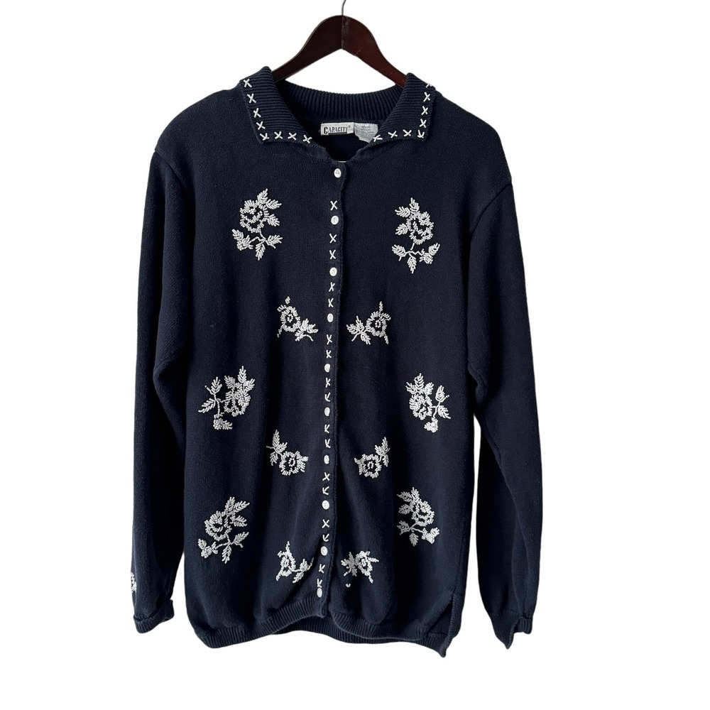 Capacity Cardigan Womens Medium‎ Blue Floral Embellished Knit Grannycore Sweater